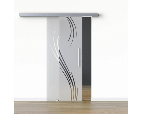 Porte vitrée coulissante Pertura set complet Glera Essence 02 900x2050 mm gauche y compris ferrure Selir aluminium aspect inox, poignée barre Porte coulissante en verre avec motif devant un mur