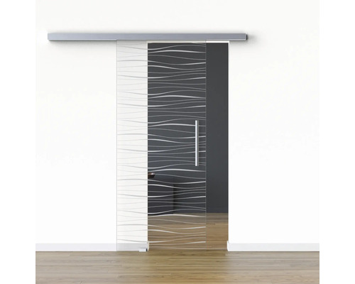 Pertura Glasschiebetür Komplettset Glera Tidal 01 900x2175 mm Links inkl. Beschlag Selir Aluminium Edelstahloptik,Stangengriff Schiebetür aus Glas mit horizontalem Wellendesign