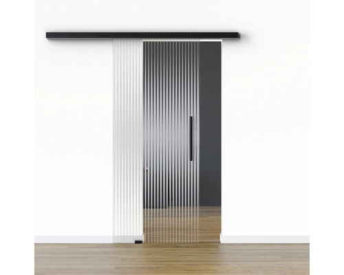 Porte vitrée coulissante Pertura set complet Glera Ripple 01 1025x2050 mm gauche y compris ferrure Selir aluminium noir, poignée barre Porte vitrée coulissante Pertura set complet Glera Ripple 01 1025x2050 mm gauche y compris ferrure Selir aluminium noir, poignée barre