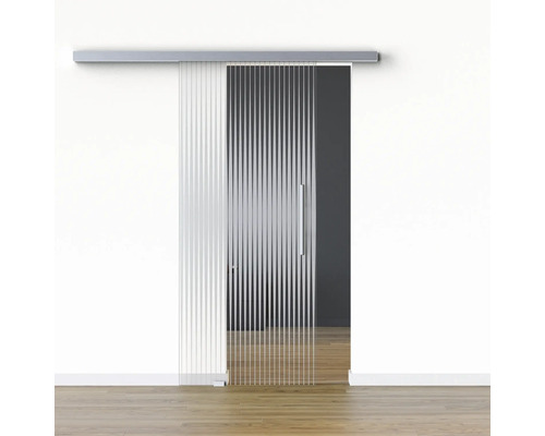 Pertura Glasschiebetür Komplettset Glera Ripple 01 775x2050 mm Links inkl.Beschlag Selir Aluminium Edelstahloptik,Stangengriff Schiebetür aus Glas mit vertikalen Streifen und Griff