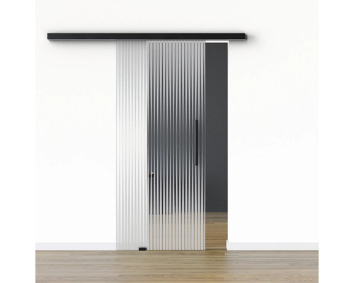 Porte vitrée coulissante Pertura set complet Glera Ripple 02 900x2050 mm gauche y compris ferrure Selir aluminium noir, poignée barre Porte vitrée coulissante Pertura set complet Glera Ripple 02 900x2050 mm gauche y compris ferrure Selir aluminium noir, poignée barre