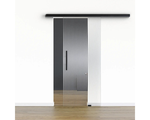 Porte vitrée coulissante Pertura set complet Glera Ripple 01 775x2050 mm droite y compris ferrure Selir aluminium noir, poignée barre Porte vitrée coulissante Pertura set complet Glera Ripple 01 775x2050 mm droite y compris ferrure Selir aluminium noir, poignée barre