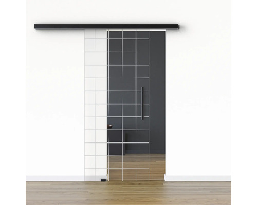 Porte vitrée coulissante Pertura set complet Glera Mesh 01 775x2050 mm gauche y compris ferrure Selir aluminium noir, poignée barre