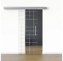 Glasschiebetür mit klarem Glas und Rasterdesign vor einer Wand