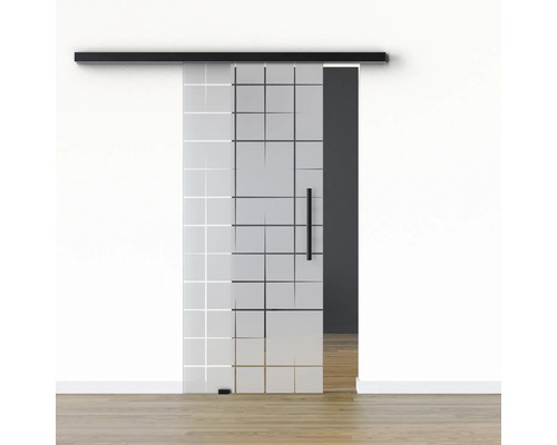Porte vitrée coulissante Pertura set complet Glera Mesh 02 775x2050 mm gauche y compris ferrure Selir aluminium noir, poignée barre Porte vitrée coulissante Pertura set complet Glera Mesh 02 775x2050 mm gauche y compris ferrure Selir aluminium noir, poignée barre