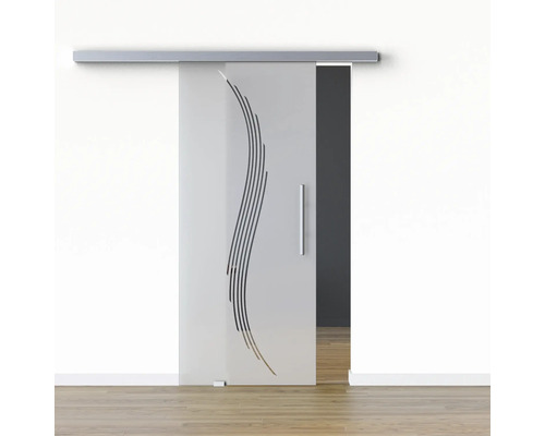 Porte vitrée coulissante Pertura set complet Glera Sweep 02 775x2050 mm gauche y compris ferrure Selir aluminium aspect inox, poignée barre Porte coulissante en verre avec motif à rayures et poignée.