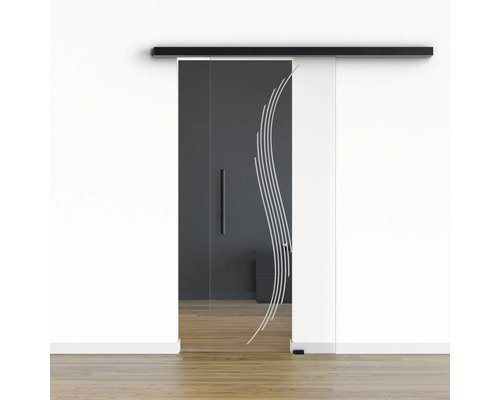 Porte vitrée coulissante Pertura set complet Glera Sweep 01 900x2050 mm droite y compris ferrure Selir aluminium noir, poignée barre Porte vitrée coulissante Pertura set complet Glera Sweep 01 900x2050 mm droite y compris ferrure Selir aluminium noir, poignée barre