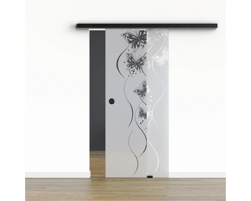 Porte vitrée coulissante Pertura set complet Glera Butterfly 02 775x2050 mm droite y compris ferrure Selir aluminium noir, poignée encastrée