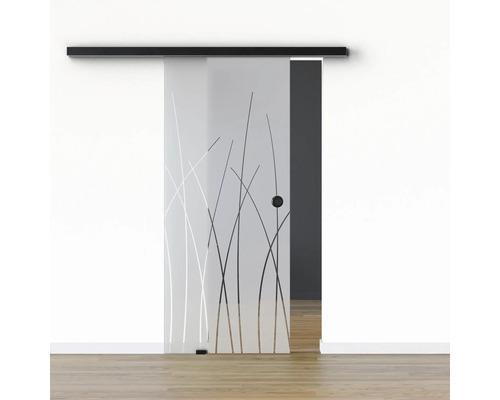 Porte vitrée coulissante Pertura set complet Glera Reeds 02 1025x2050 mm gauche y compris ferrure Selir aluminium noir, poignée encastrée