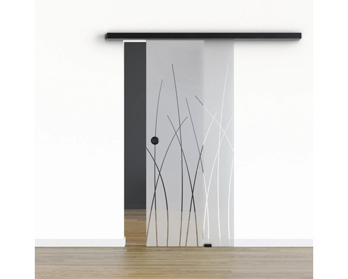 Porte vitrée coulissante Pertura set complet Glera Reeds 02 1025x2175 mm droite y compris ferrure Selir aluminium noir, poignée encastrée