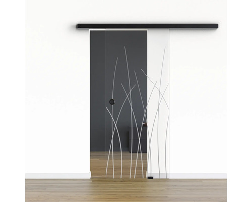 Porte vitrée coulissante Pertura set complet Glera Reeds 01 900x2050 mm droite y compris ferrure Selir aluminium noir, poignée encastrée Porte vitrée coulissante Pertura set complet Glera Reeds 01 900x2050 mm droite y compris ferrure Selir aluminium noir, poignée encastrée