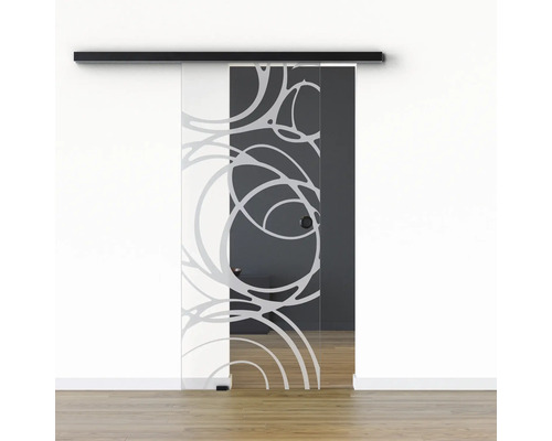 Porte vitrée coulissante Pertura set complet Glera Mystic 01 775x2050 mm gauche y compris ferrure Selir aluminium noir, poignée encastrée