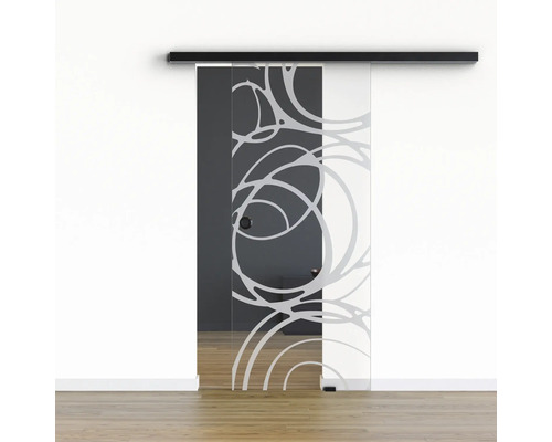 Porte vitrée coulissante Pertura set complet Glera Mystic 01 900x2175 mm droite y compris ferrure Selir aluminium noir, poignée encastrée