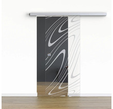 Porte coulissante en verre avec motif graphique devant un mur blanc