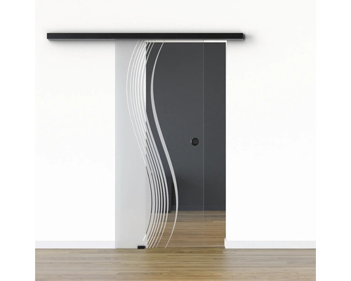 Porte vitrée coulissante Pertura set complet Glera Reflect 01 1025x2050 mm gauche y compris ferrure Selir aluminium noir, poignée encastrée