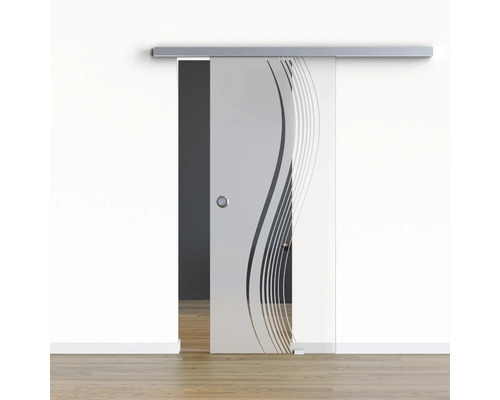Pertura Glasschiebetür Komplettset Glera Reflect 02 775x2050 mm Rechts inkl.Beschlag Selir Aluminium Edelstahloptik,Griffmuschel Glasschiebetür mit Streifenmuster