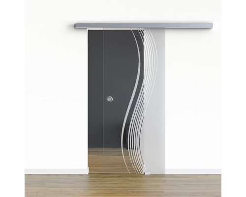 Pertura Glasschiebetür Komplettset Glera Reflect 01 775x2050 mm Rechts inkl.Beschlag Selir Aluminium Edelstahloptik,Griffmuschel Schiebetür aus Glas mit Streifenmuster