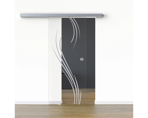 Porte vitrée coulissante Pertura set complet Glera Essence 01 900x2050 mm gauche y compris ferrure Selir aluminium aspect inox, poignée encastrée