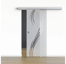 Porte coulissante en verre avec décor et poignée