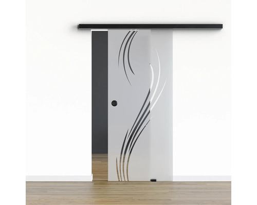 Porte vitrée coulissante Pertura set complet Glera Essence 02 775x2050 mm droite y compris ferrure Selir aluminium noir, poignée encastrée