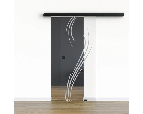 Porte vitrée coulissante Pertura set complet Glera Essence 01 775x2050 mm droite y compris ferrure Selir aluminium noir, poignée encastrée