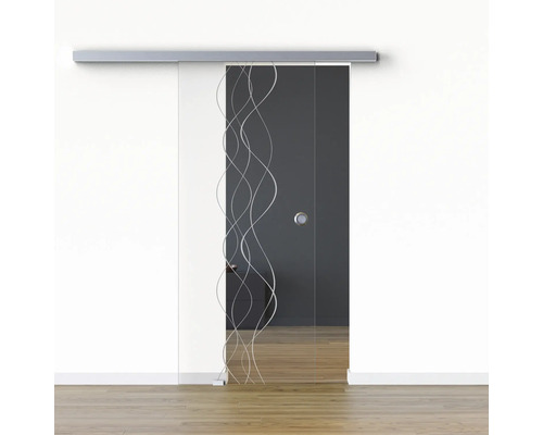 Porte vitrée coulissante Pertura set complet Glera Curl 01 1025x2050 mm gauche y compris ferrure Selir aluminium aspect inox, poignée encastrée