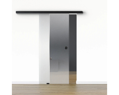 Porte vitrée coulissante Pertura set complet Glera Ripple 02 775x2050 mm gauche y compris ferrure Selir aluminium noir, poignée encastrée