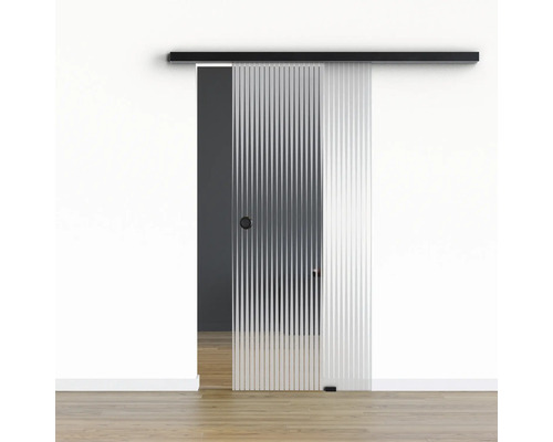 Porte vitrée coulissante Pertura set complet Glera Ripple 02 900x2050 mm droite y compris ferrure Selir aluminium noir, poignée encastrée