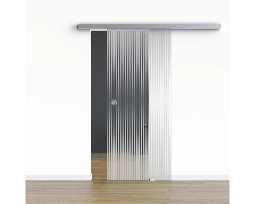 Porte vitrée coulissante Pertura set complet Glera Ripple 02 775x2175 mm droite y compris ferrure Selir aluminium aspect inox, poignée encastrée