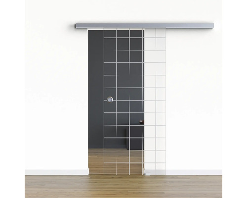 Pertura Glasschiebetür Komplettset Glera Mesh 01 775x2050 mm Rechts inkl.Beschlag Selir Aluminium Edelstahloptik,Griffmuschel Schiebetür aus Glas mit quadratischem Design