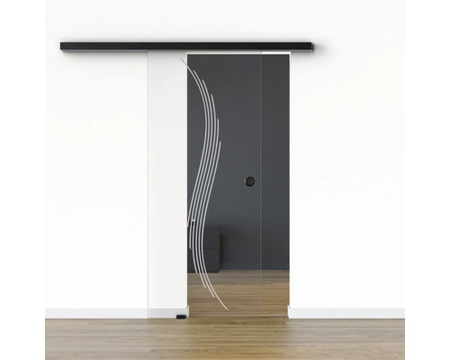 Porte vitrée coulissante Pertura set complet Glera Sweep 01 1025x2050 mm gauche y compris ferrure Selir aluminium noir, poignée encastrée