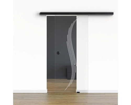 Porte vitrée coulissante Pertura set complet Glera Sweep 01 775x2175 mm droite y compris ferrure Selir aluminium noir, poignée encastrée