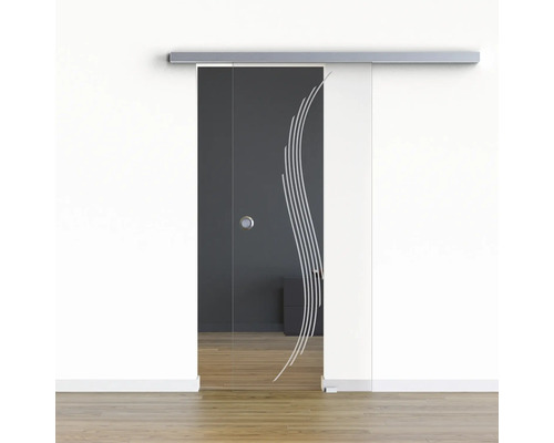 Porte vitrée coulissante Pertura set complet Glera Sweep 01 1025x2050 mm droite y compris ferrure Selir aluminium aspect inox, poignée encastrée