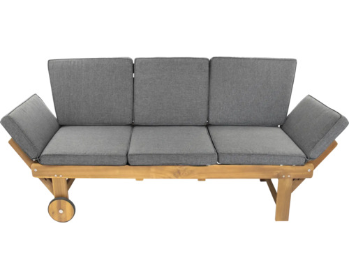 Canapé de jardin trois places avec roues et coussins gris