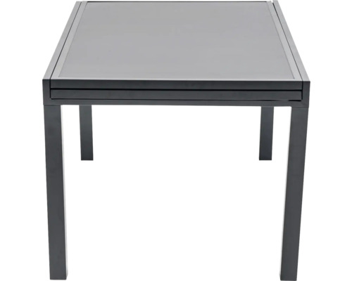 Quadratischer Esstisch mit Glasplatte und Metallbeinen