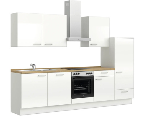 Cuisine moderne avec évier, plaque de cuisson, four, hotte aspirante et armoires