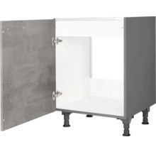 Meuble bas de cuisine avec porte ouverte aspect béton