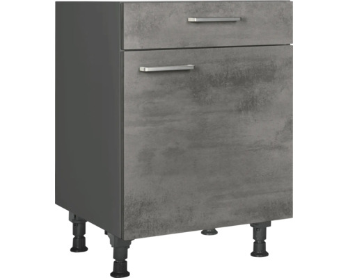 Meuble bas avec tiroir et porte pivotante NOBILIA Industrial lxpxh 60 x 58 x 87 cm béton gris ardoise mat prémonté tirant droite Meuble bas de cuisine avec deux tiroirs et pieds