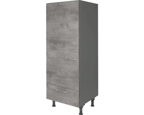 Armoire pour réfrigérateur NOBILIA Industrial pour réfrigérateur encastré de 122 cm lxpxh 60 x 58 x 166 cm béton gris ardoise mat prémonté tirant gauche Armoire haute avec deux tiroirs et pieds