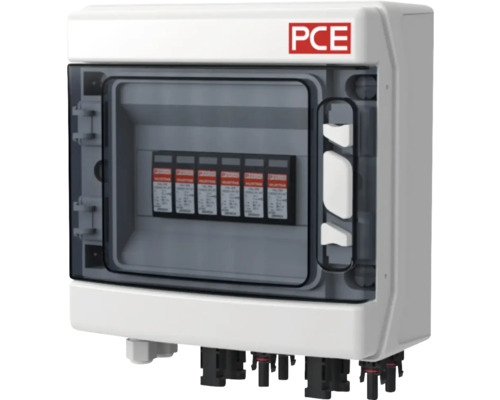PCE Logo. Verteilerkasten mit Sicherungen für Photovoltaikanlagen.