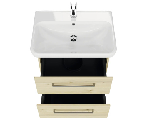 Meuble-lavabo avec deux tiroirs ouverts et lavabo en céramique