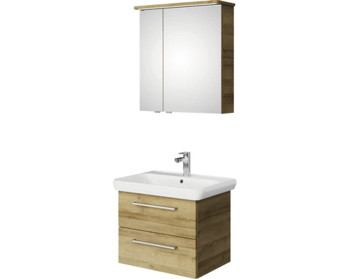 Meuble de salle de bains 3 pièces Pelipal Sunline 105 69 x 200 x 48,5 cm façade chêne riviera décor bois avec vasque en céramique sous-vasque armoire de toilette lumineuse