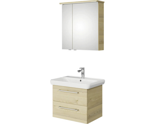 Meuble de salle de bains 3 pièces Pelipal Sunline 105 69 x 200 x 48,5 cm façade pin polaire décor bois avec vasque en céramique sous-vasque armoire de toilette lumineuse