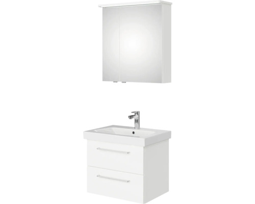 Weißer Waschtischunterschrank mit zwei Schubladen und Spiegelschrank für das Badezimmer.