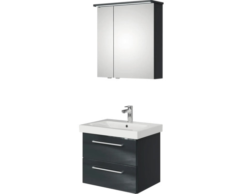 Meuble de salle de bains 3 pièces Pelipal Sunline 105 66 x 200 x 46,5 cm façade anthracite brillant avec vasque en céramique sous-vasque armoire de toilette lumineuse