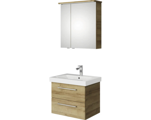 Meuble de salle de bains 3 pièces Pelipal Sunline 105 66 x 200 x 46,5 cm façade chêne riviera décor bois avec vasque en céramique sous-vasque armoire de toilette lumineuse