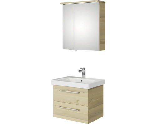 Meuble de salle de bains 3 pièces Pelipal Sunline 105 66 x 200 x 46,5 cm façade pin polaire décor bois avec vasque en céramique sous-vasque armoire de toilette lumineuse