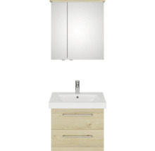 Badmöbel-Set Pelipal Sunline 105 BxHxT 66 x 200 x 46,5 cm Frontfarbe Polar Pinie mit Keramik-Waschtisch Waschtischunterschrank und Spiegelschrank mit LED-Beleuchtung