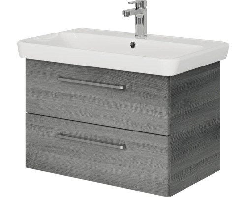 Badmöbel-Set Pelipal Sunline 105 BxHxT 80,5 x 56 x 48,5 cm Frontfarbe graphit struktur quer mit Keramik-Waschtisch und Waschtischunterschrank Waschtischunterschrank mit zwei Schubladen und Aufsatzwaschbecken