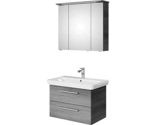 Badmöbel-Set Pelipal Sunline 105 BxHxT 80,5 x 200 x 48,5 cm Frontfarbe graphit struktur quer mit Keramik-Waschtisch Waschtischunterschrank und Spiegelschrank mit LED-Beleuchtung Badezimmerset mit Waschtischunterschrank, Waschbecken und Spiegelschrank